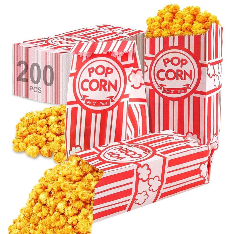 Pungi pentru popcorn Vachelper, 200 bucăți, 21x9x6 cm, pungi din hârtie pentru floricele, dungi roșu-alb, rezistente la grăsime, pentru seri de film, aniversări