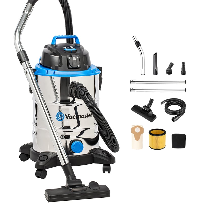 Viacúčelový vysávač Vacmaster VQ1530SFDC 1500 W 30 l na suché a mokré vysávanie, nerezová oceľ, vysoký sací výkon, priemyselný vysávač