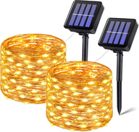Vacoulery Napelemes Tündérfény 2db - 12m Vízálló Rézhuzalos LED Fényfüzér 120 LED, Meleg Fehér, 8 Világítási Mód Kerthez, Teraszhoz, Partikh 1