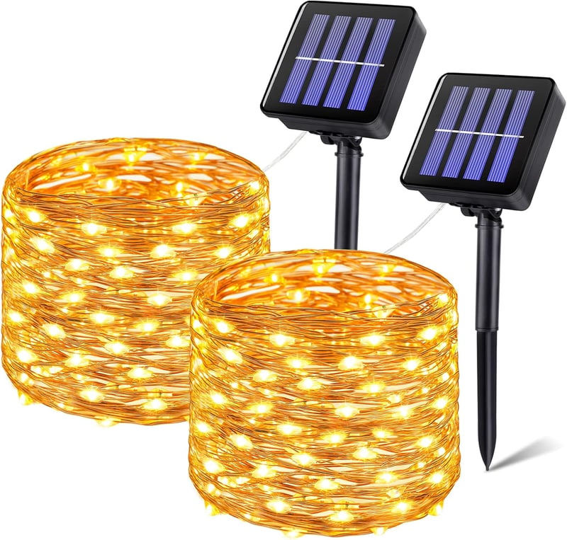 Vacoulery Napelemes Tündérfény 2db - 12m Vízálló Rézhuzalos LED Fényfüzér 120 LED, Meleg Fehér, 8 Világítási Mód Kerthez, Teraszhoz, Partikh