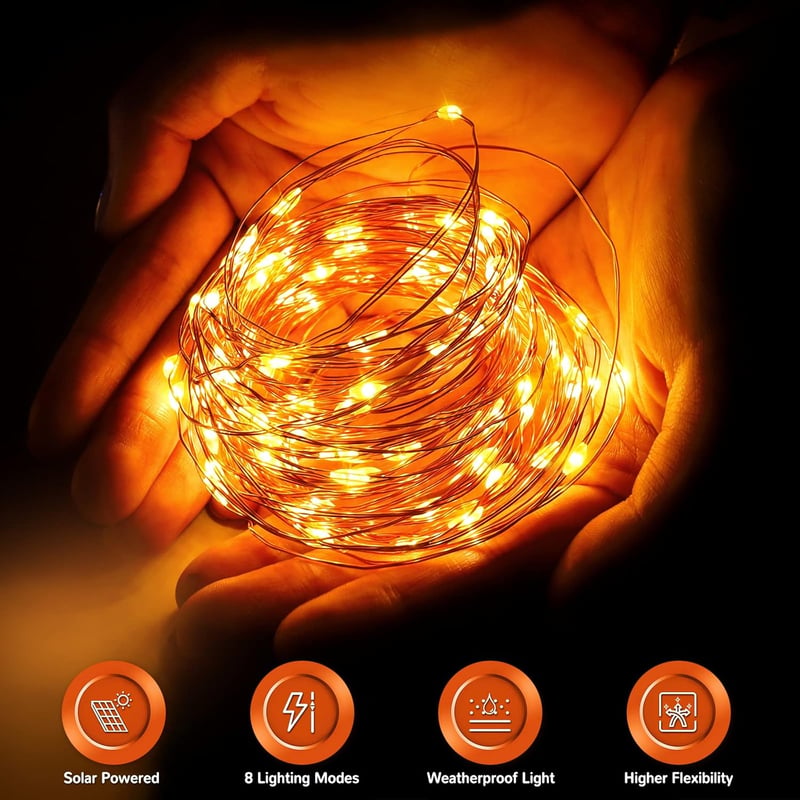 Vacoulery Napelemes Tündérfény 2db - 12m Vízálló Rézhuzalos LED Fényfüzér 120 LED, Meleg Fehér, 8 Világítási Mód Kerthez, Teraszhoz, Partikh