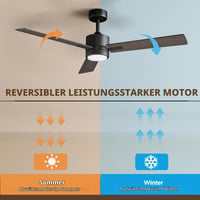 Vagizm stropni ventilator sa svjetiljkom i daljinskim upravljačem 132 cm, moderni ventilator za spavaću sobu, prigušivo trobojno LED svjetlo, tih, reverzibilan 3