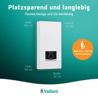 Elektronický prietokový ohrievač vody Vaillant VED E 21/8, 21 kW, 400 V, tlakový, nastavenie teploty po stupňoch, digitálny displej, energetická trieda A 5
