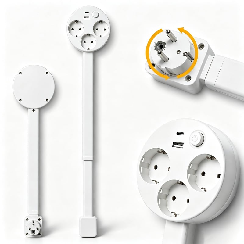 Multipriză extensibilă și rotativă Vailoin cu 3 prize, port USB-A și USB-C, 47-67 cm, rotire la 360°, pentru canapea și birou