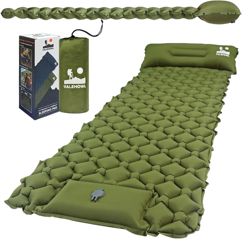 VALEHOWL 800g Ultralight Aufblasbares Camping Schlafsack - R-Value 3.0, Wasserdicht Luftmatratze Rucksacktour - Single, Army Green
