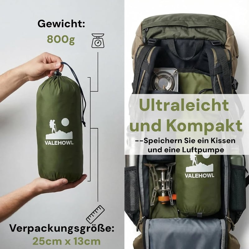 VALEHOWL 800g Ultralight Aufblasbares Camping Schlafsack - R-Value 3.0, Wasserdicht Luftmatratze Rucksacktour - Single, Army Green