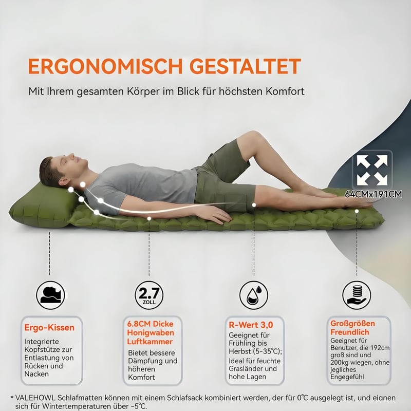 VALEHOWL 800g Ultralight Aufblasbares Camping Schlafsack - R-Value 3.0, Wasserdicht Luftmatratze Rucksacktour - Single, Army Green