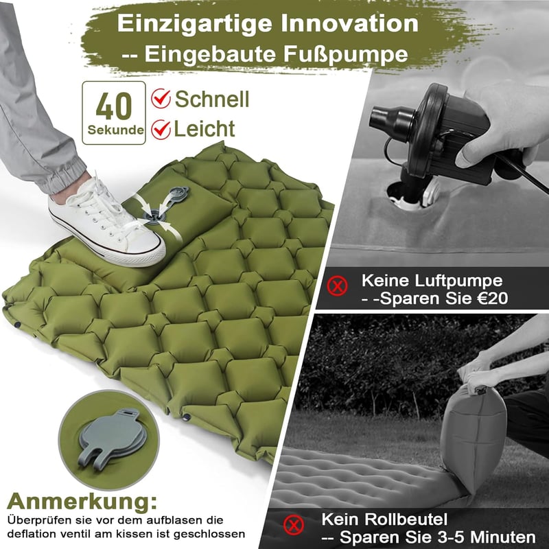 VALEHOWL 800g Ultralight Aufblasbares Camping Schlafsack - R-Value 3.0, Wasserdicht Luftmatratze Rucksacktour - Single, Army Green