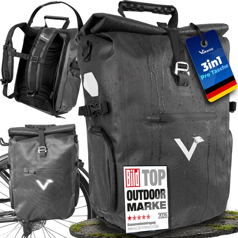 Valkental 3v1 cyklistická taška Pro – 23L, 100% vodoodolná, taška na nosič, batoh a taška cez rameno, recyklovaný nylon, čierna