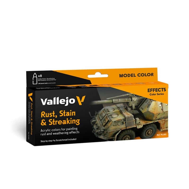 Sada akrylových farieb Vallejo Model Color – Hrdza, škvrny a šmuhy – 8 matných odtieňov v 18 ml fľaštičkách s kvapkadlom, vrátane vzorkovníka farieb