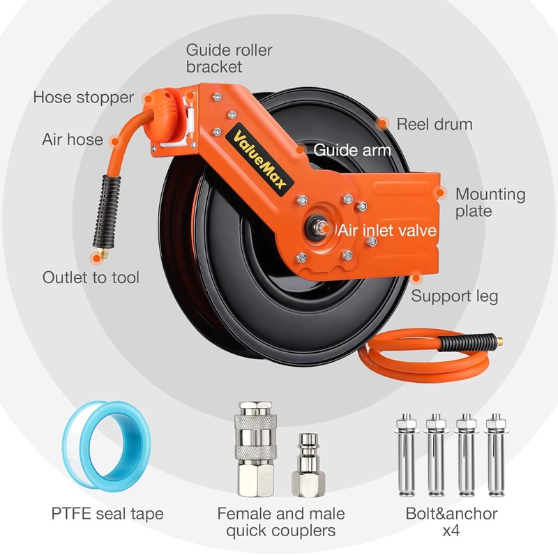 ValueMax Fém Légcsatorna Orsó 15m + 1m Automatikus Visszahúzható 1/4" 20 bar