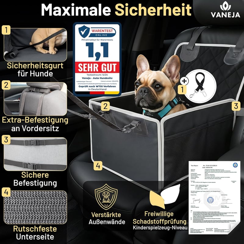 VANEJA Kutya Autósülés Kis és Közepes Méretű Kutyáknak - Vízálló, Megerősített Falú, TÜV Tesztelt Biztonsági Hordozó