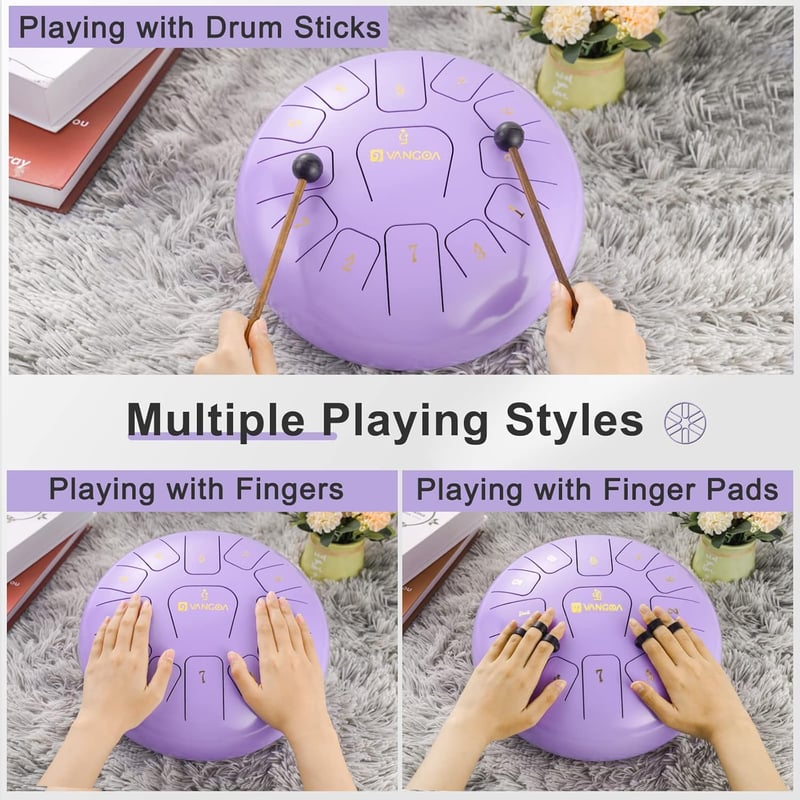 Vangoa 12 Colos Acél Tongue Drum - 13 Hangú C-Dúr Hangszer Meditációhoz és Jógához, Ütővel, Hangjegy Matricával és Ujjvédővel
