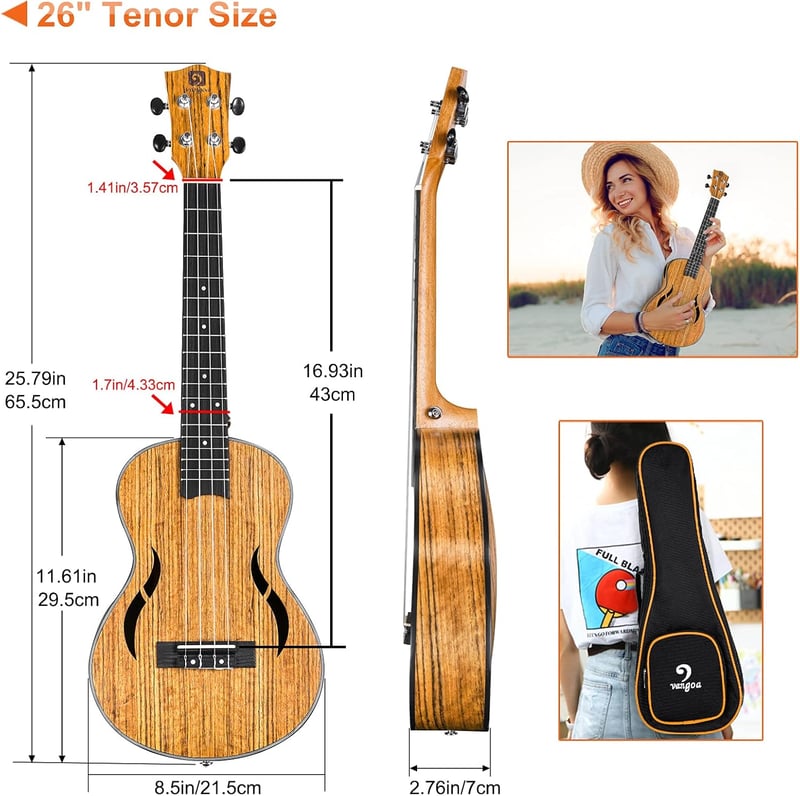 Vangoa 26 hüvelykes tenor ukulele szett diófa, kezdőknek, gig táskával