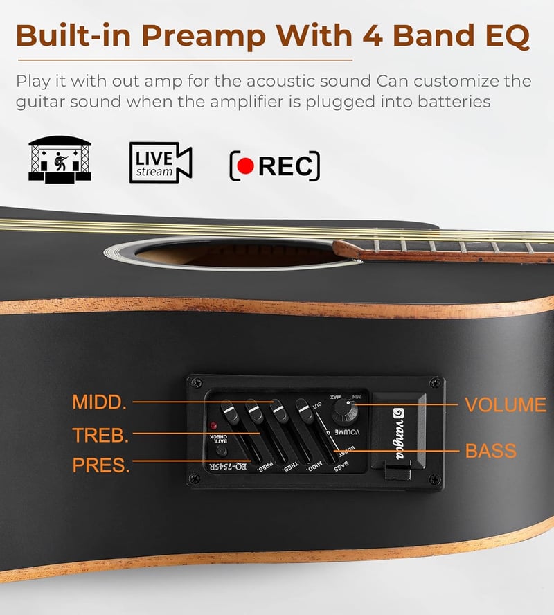 Vangoa 4/4 Balkezes Elektroakusztikus Gitár 41" - Fekete Dreadnought Kivágással, 4-Sávos Equalizer, Kezdőknek, Lucfenyő Test