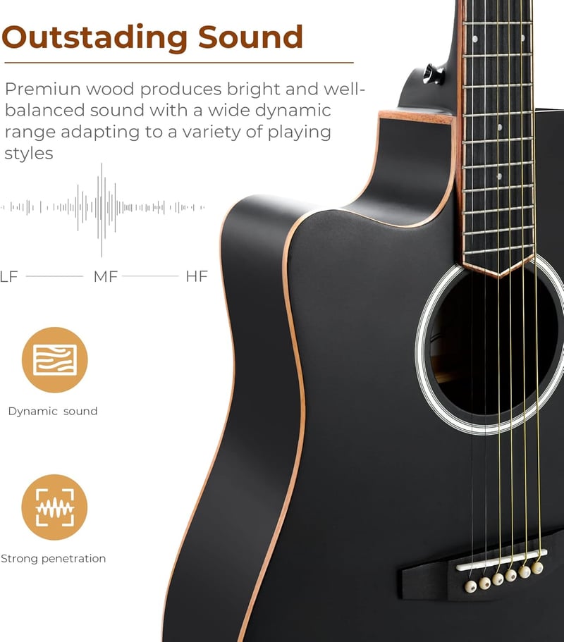 Vangoa 4/4 Balkezes Elektroakusztikus Gitár 41" - Fekete Dreadnought Kivágással, 4-Sávos Equalizer, Kezdőknek, Lucfenyő Test