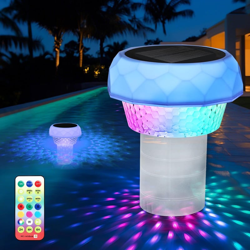 Dozator Plutitor de Clor pentru Piscină Vankarr cu Iluminare LED Solară și Telecomandă, Dozator de Tablete de Clor Plutitor Rezistent la Apă IP68