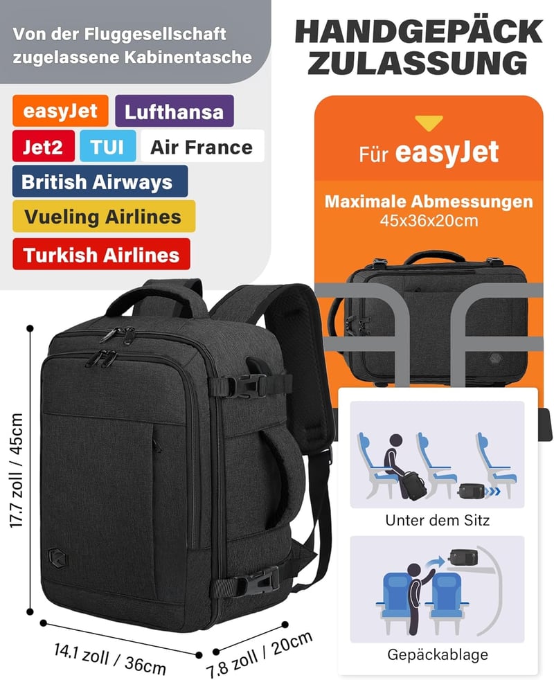 VANKEV 45x36x20 Laptop Hátizsák Easyjet Kézipoggyász Utazási Backpack Szürke