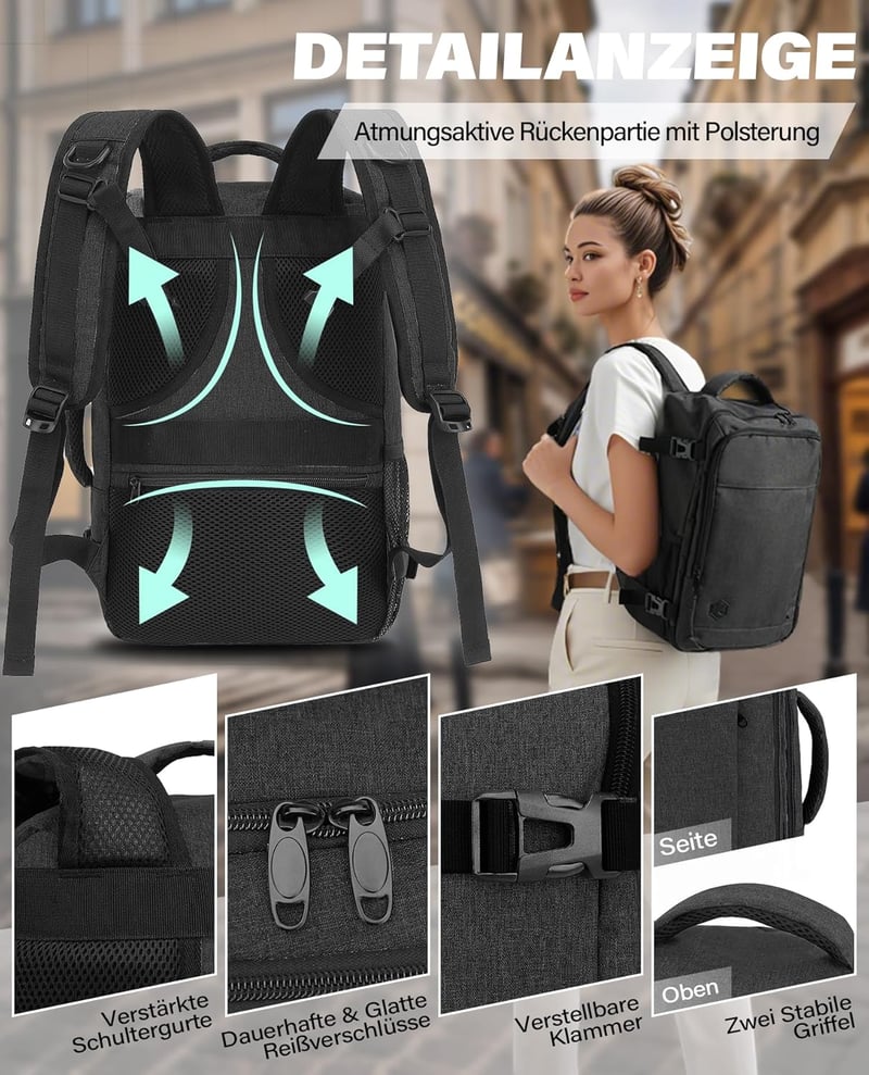 VANKEV 45x36x20 Laptop Hátizsák Easyjet Kézipoggyász Utazási Backpack Szürke