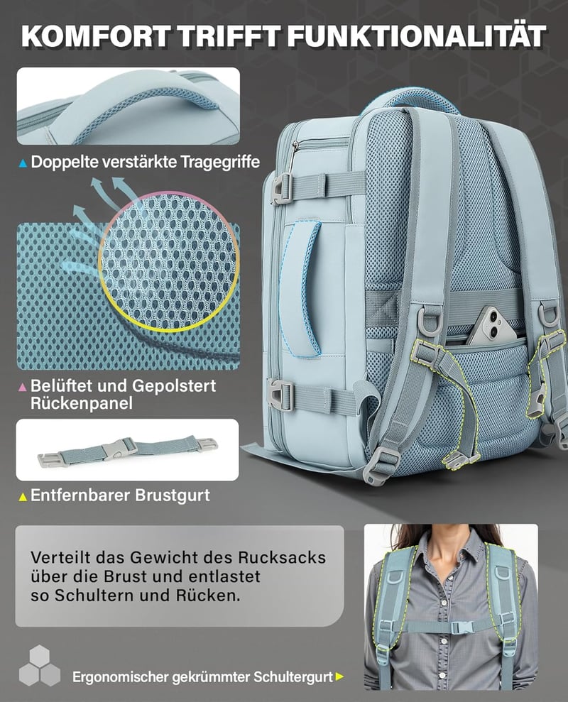 VANKEV Bővíthető Fedélzeti Hátizsák 40x30x20-25cm Ryanair EasyJet Wizz Air Laptop Táska Világoskék