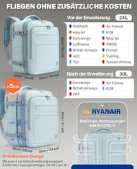 VANKEV Bővíthető Fedélzeti Hátizsák 40x30x20-25cm Ryanair EasyJet Wizz Air Laptop Táska Világoskék 2