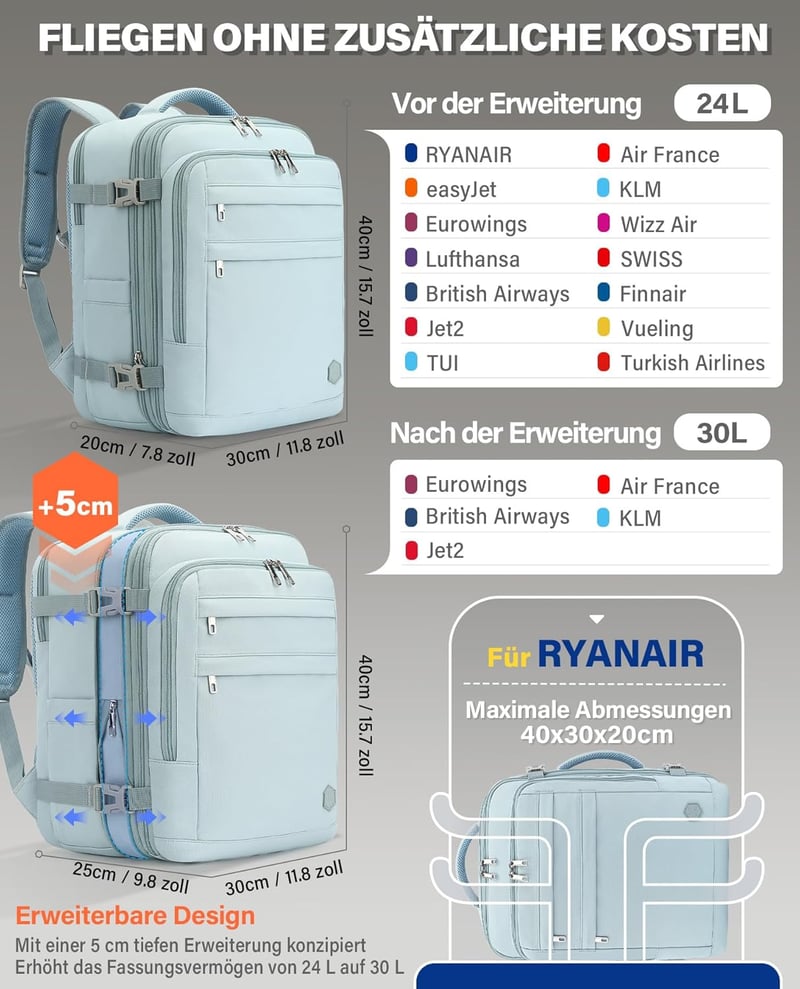 VANKEV Bővíthető Fedélzeti Hátizsák 40x30x20-25cm Ryanair EasyJet Wizz Air Laptop Táska Világoskék