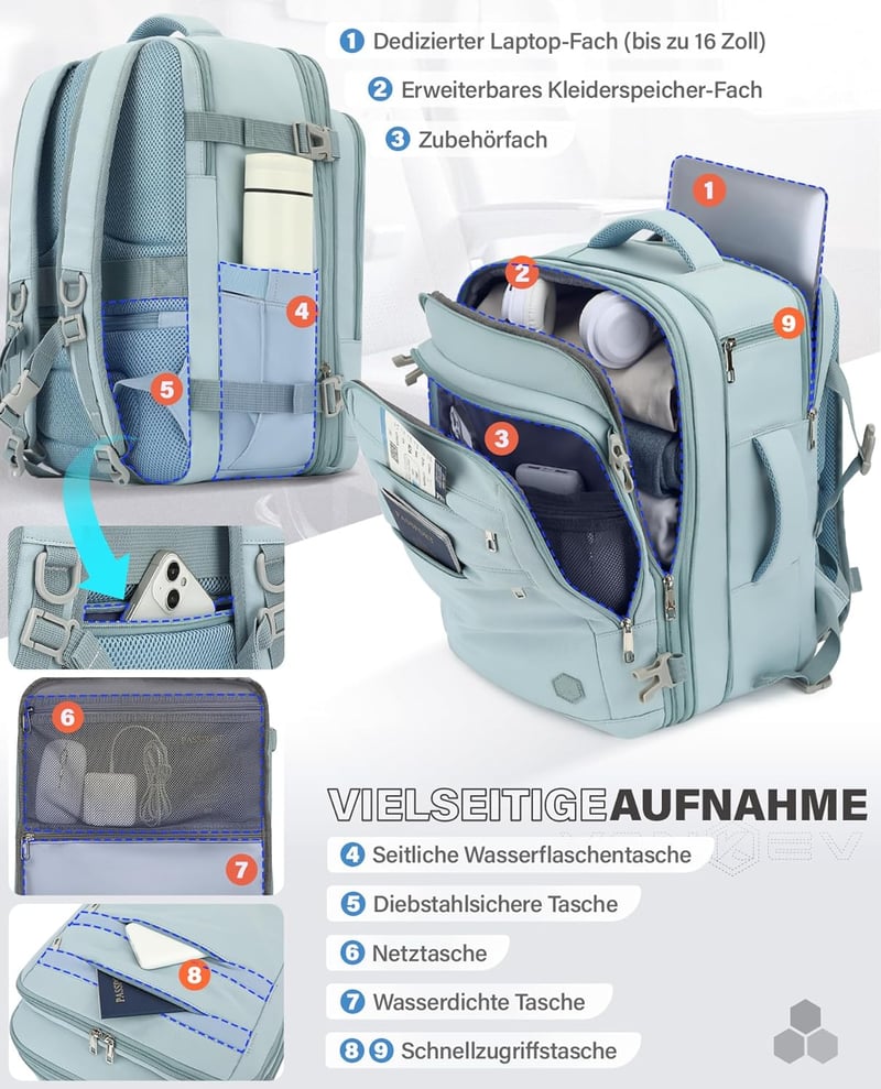 VANKEV Bővíthető Fedélzeti Hátizsák 40x30x20-25cm Ryanair EasyJet Wizz Air Laptop Táska Világoskék