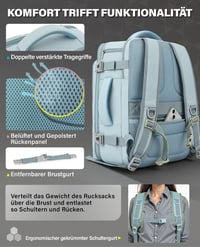 VANKEV Rozšíriteľný príručný batoh 45x36x20-25 cm, 32-40L, pre EasyJet British Airways Lufthansa Jet2, 15,6-palcový notebook, svetlomodrý 4