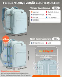 VANKEV Rozšíriteľný príručný batoh 45x36x20-25 cm, 32-40L, pre EasyJet British Airways Lufthansa Jet2, 15,6-palcový notebook, svetlomodrý 2