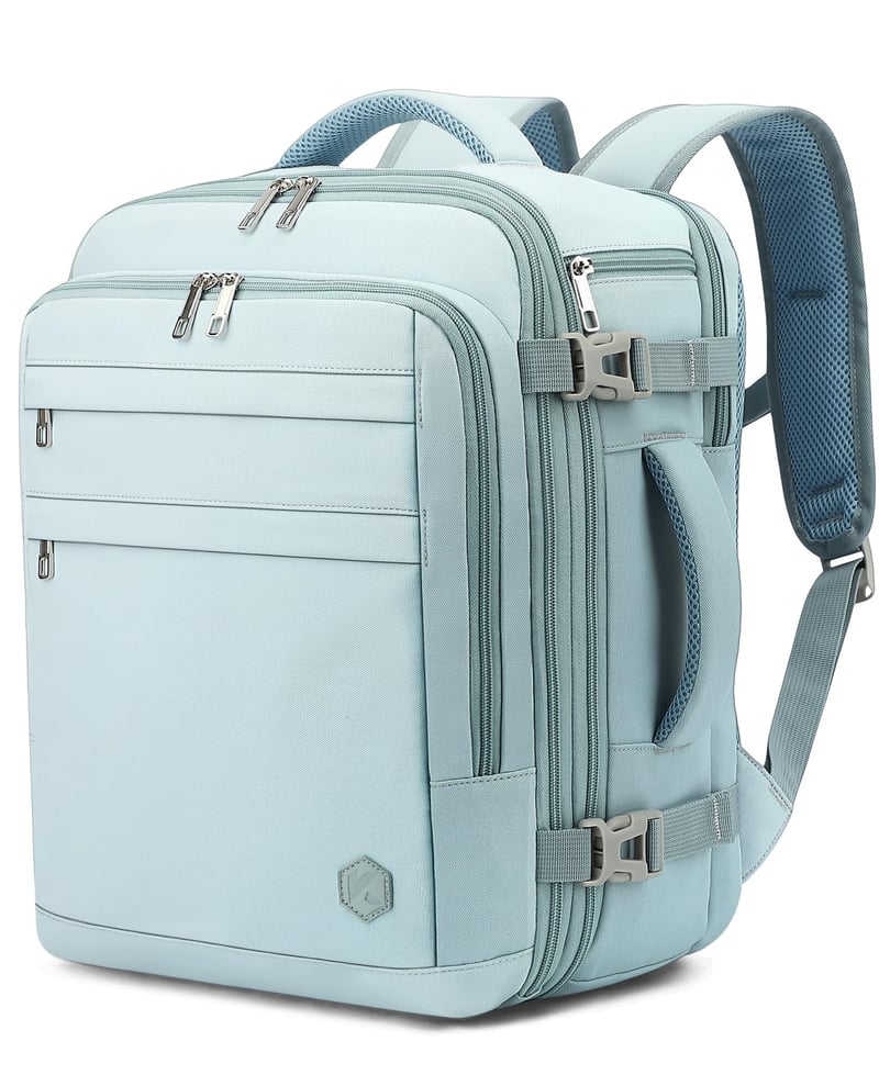 VANKEV Rozšíriteľný príručný batoh 45x36x20-25 cm, 32-40L, pre EasyJet British Airways Lufthansa Jet2, 15,6-palcový notebook, svetlomodrý