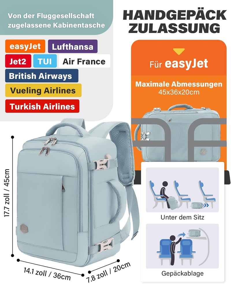 VANKEV EasyJet kézipoggyász laptop hátizsák 45x36x20 cm, 15,6 hüvelykes
