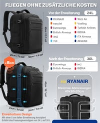 Príručný batoh VANKEV 40x30x20-25 cm, 24-30 l, pre Ryanair, easyJet, Wizz Air, Eurowings, priehradka na 15,6" notebook, rozšíriteľný, čierny 2