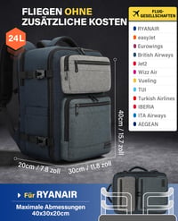 VANKEV Príručná batožina Batoh 40x30x20 cm Kompatibilný s Ryanair easyJet Eurowings Wizz Air Cestovná taška Rozmery kabínovej batožiny 2