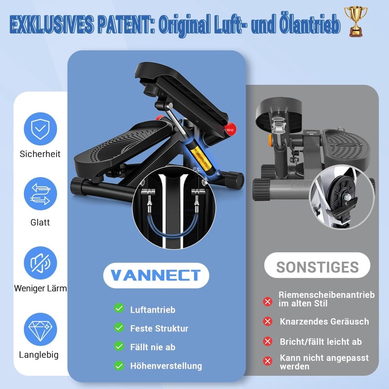 Vannect Mini Stepper Otthoni Edzéshez Power Kötelekkel, LCD Kijelzővel, Magasságállítható - 8708S-Black, 8708S height adjustment