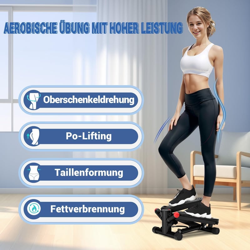 Vannect Mini Stepper Otthoni Edzéshez Power Kötelekkel, LCD Kijelzővel, Magasságállítható - 8708S-Black, 8708S height adjustment