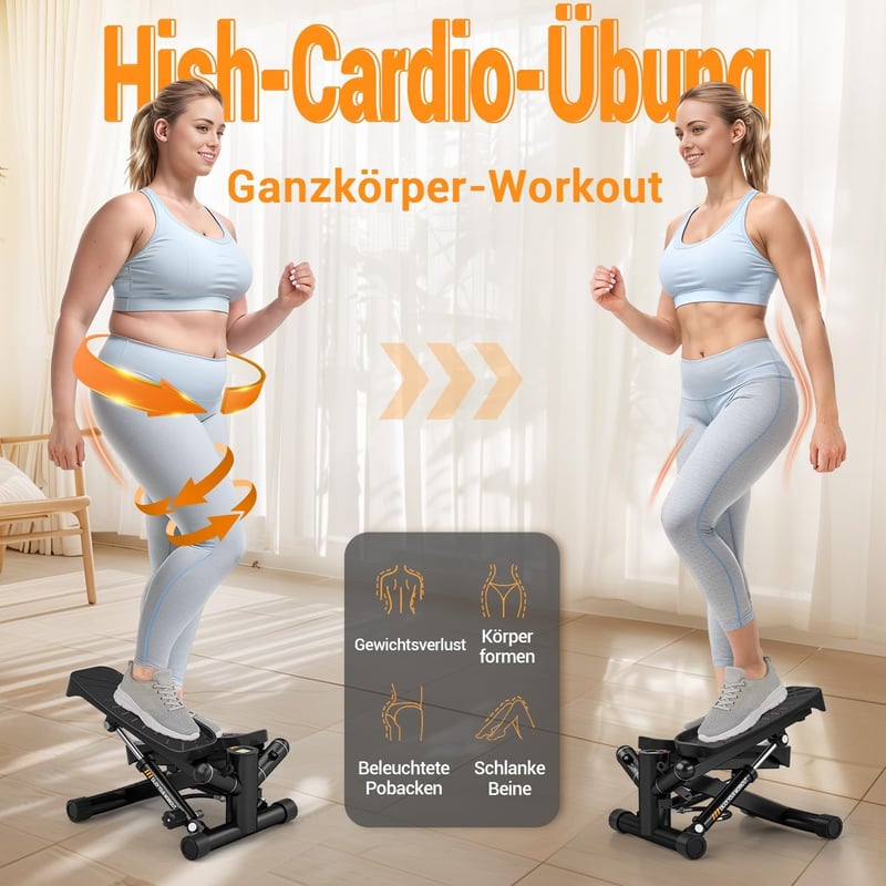 Vannect Mini Stepper Otthoni Edzéshez Power Rope-okkal, LCD Kijelzővel, 150kg Terhelhetőség - Black