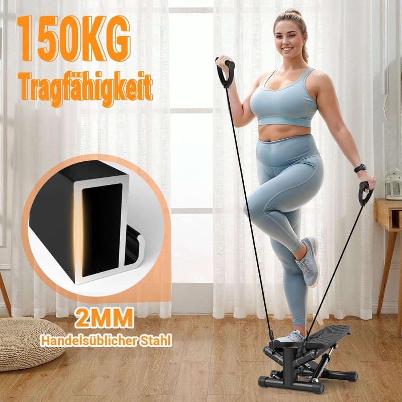 Vannect Mini Stepper Otthoni Edzéshez Power Rope-okkal, LCD Kijelzővel, 150kg Terhelhetőség - Black