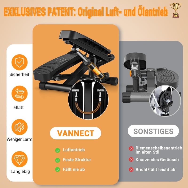 Vannect Mini Stepper Otthoni Edzéshez Power Rope-okkal, LCD Kijelzővel, 150kg Terhelhetőség - Black