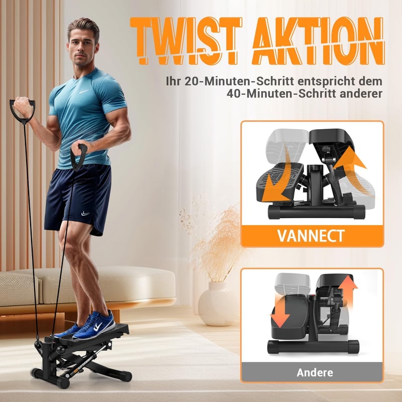 Vannect Mini Stepper Otthoni Edzéshez Power Rope-okkal, LCD Kijelzővel, 150kg Terhelhetőség - Black