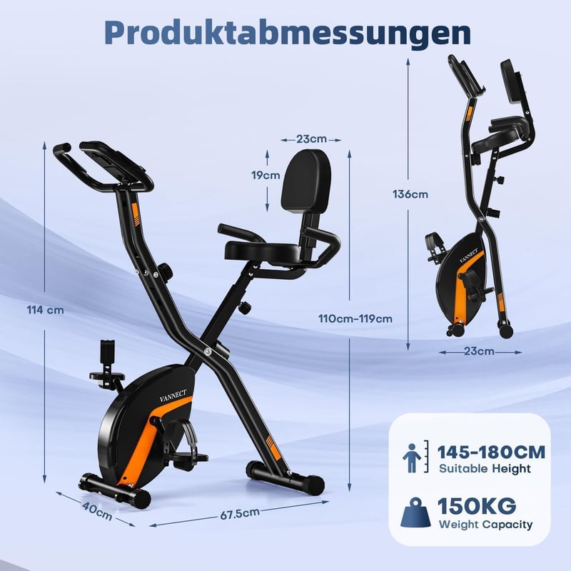 VANNECT Összecsukható Szobakerékpár - Narancs, LCD Kijelzővel, Pulzusmérővel, 150 kg Teherbírással, Otthoni Edzéshez, Idősebbek Számára is