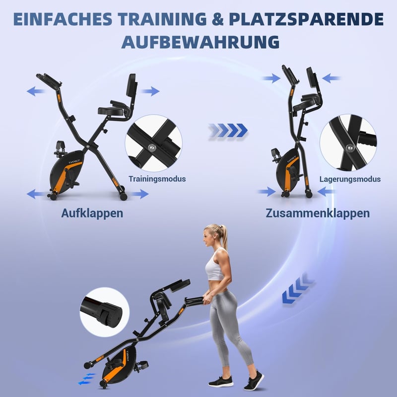 VANNECT Összecsukható Szobakerékpár - Narancs, LCD Kijelzővel, Pulzusmérővel, 150 kg Teherbírással, Otthoni Edzéshez, Idősebbek Számára is