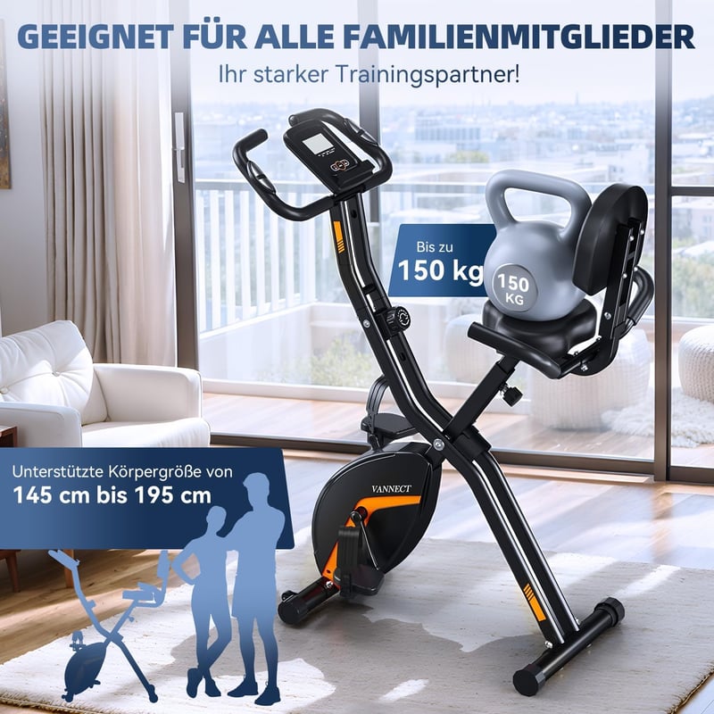 VANNECT Összecsukható Szobakerékpár - Narancs, LCD Kijelzővel, Pulzusmérővel, 150 kg Teherbírással, Otthoni Edzéshez, Idősebbek Számára is