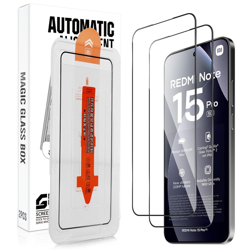 Sticlă securizată Vanrain pentru Xiaomi Redmi Note 15 Pro 5G, 2 bucăți, Aplicare automată, Duritate 9H, Folie de protecție ecran HD fără bule