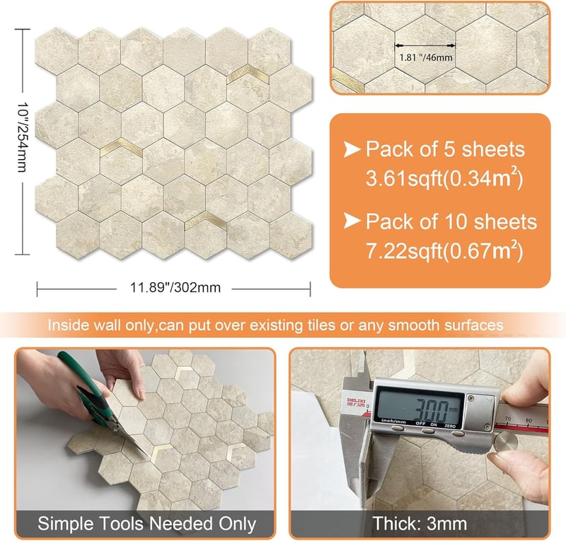 VAOVI Hatszög Mozaik Csempe Mattkivitelben, Öntapadós Falmatrica, 3D Kőhatás, Vízálló, Konyha és Fürdőszoba (10 db, Rozsdabarna)