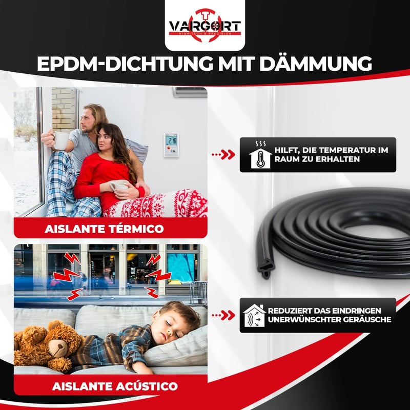 VARGORT S-834X Fekete Ablaktömítő Gumi 20m - Műanyag és Fa Ablakokhoz, Ajtókhoz - 5mm Vastag PVC Szigetelőszalag