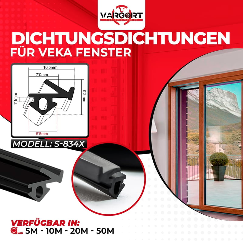 VARGORT S-834X Fekete Ablaktömítő Gumi 20m - Műanyag és Fa Ablakokhoz, Ajtókhoz - 5mm Vastag PVC Szigetelőszalag