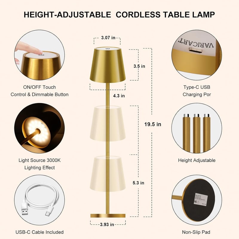 VARICART LED Asztali Lámpa Szett, 2db Vezeték Nélküli Érintésvezérelt, USB-C Tölthető, 3 Színhőmérséklet, Állítható Magasság, IP54 Vízálló, 