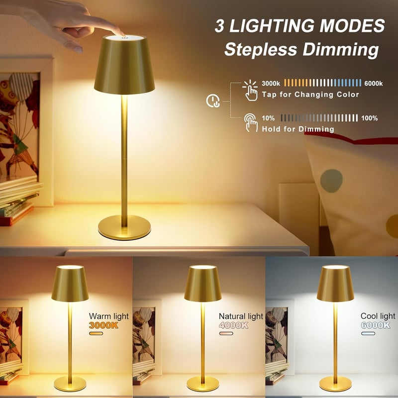 VARICART LED Asztali Lámpa Szett, 2db Vezeték Nélküli Érintésvezérelt, USB-C Tölthető, 3 Színhőmérséklet, Állítható Magasság, IP54 Vízálló, 