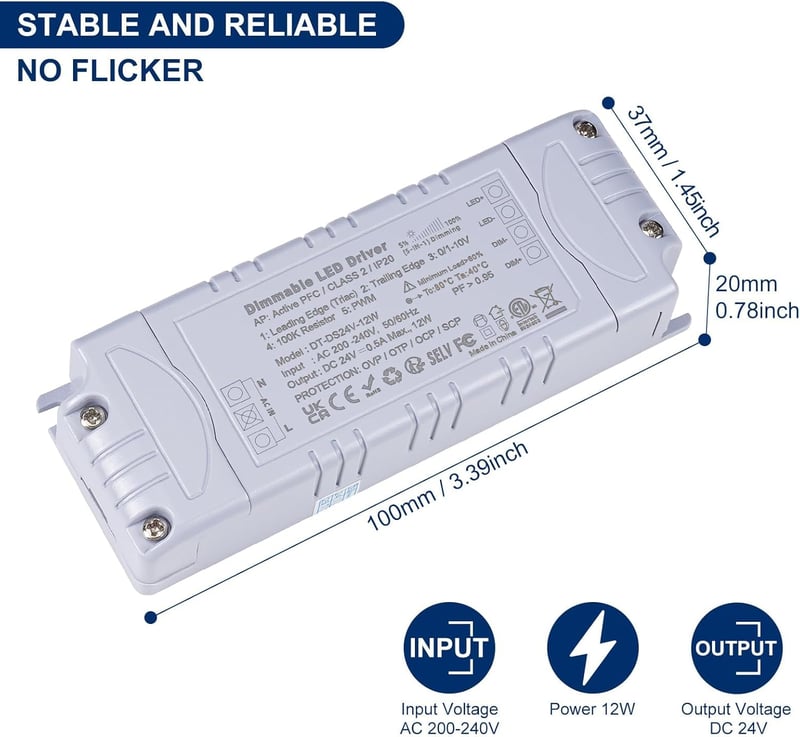 VARICART LED Tápegység 24V Dimmerelhető 12W 230V-ról 24V DC-re Transzformátor MR16 GU5.3 LED Világításhoz Stabil Feszültség