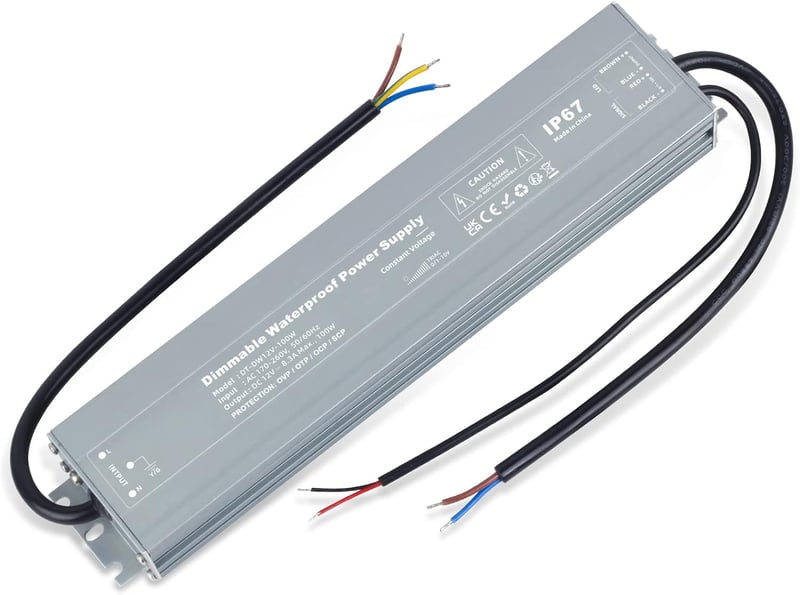 VARICART LED Transzformátor 12V 100W IP67 Vízálló Tápegység - Fényerőszabályozható LED Meghajtó 230V-ról 12V DC-re LED Szalagokhoz